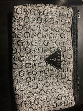 GUESS Gray Monogram Zip Toiletry Pouch with Black Trim